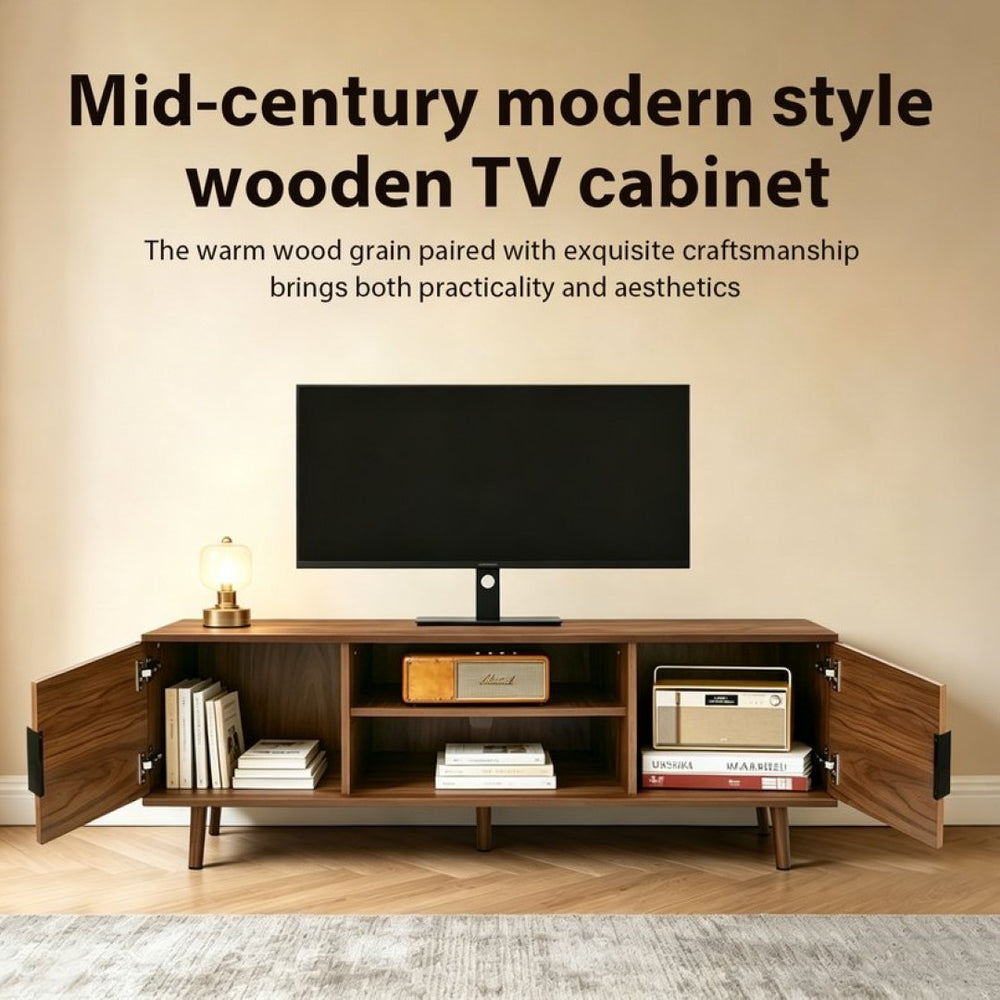 English Elm Fluted Walnut Tv Stand Mid Century Modern Console with Open Shelving for Living Room W3204P469395
