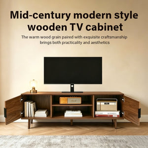 English Elm Fluted Walnut Tv Stand Mid Century Modern Console with Open Shelving for Living Room W3204P469395