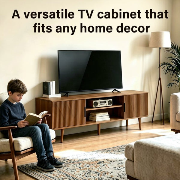 English Elm Fluted Walnut Tv Stand Mid Century Modern Console with Open Shelving for Living Room W3204P469395