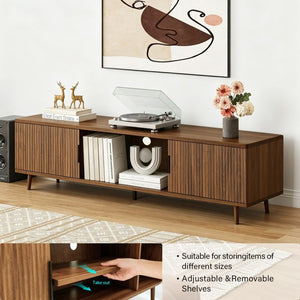 English Elm Fluted Walnut Tv Stand Mid Century Modern Console with Open Shelving for Living Room W3204P469395