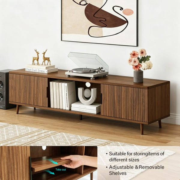 English Elm Fluted Walnut Tv Stand Mid Century Modern Console with Open Shelving for Living Room W3204P469395