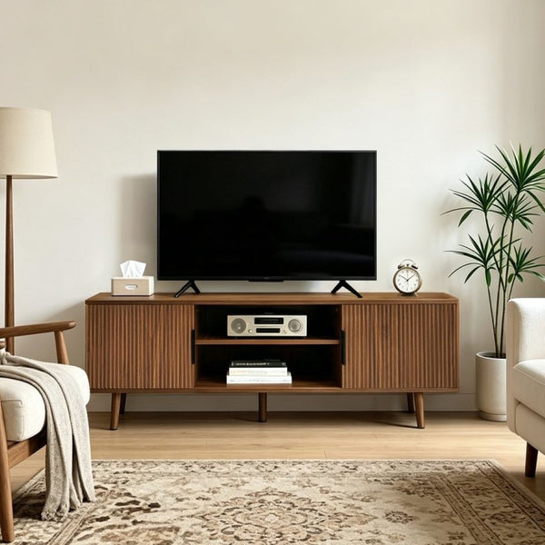 English Elm Fluted Walnut Tv Stand Mid Century Modern Console with Open Shelving for Living Room W3204P469395