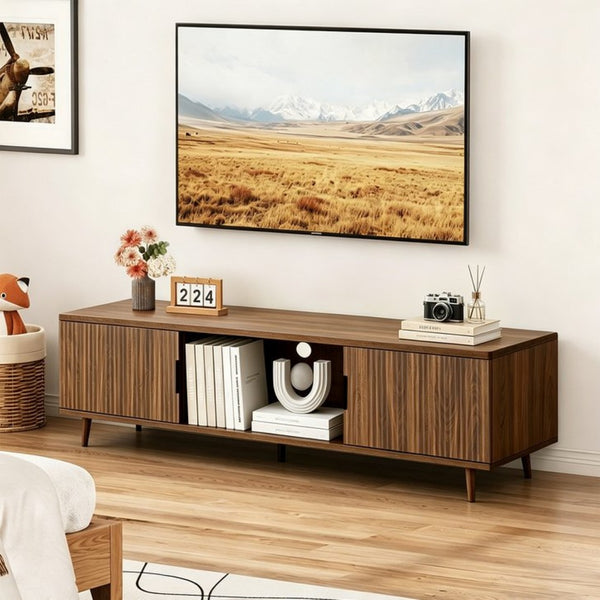 English Elm Fluted Walnut Tv Stand Mid Century Modern Console with Open Shelving for Living Room W3204P469395