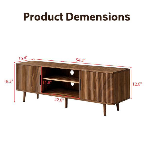 English Elm Fluted Walnut Tv Stand Mid Century Modern Console with Open Shelving for Living Room W3204P469395