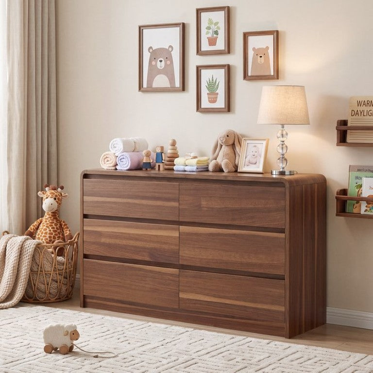 English Elm 6 Drawer Modern Dresser Walnut Finish Smooth Countertop Concealed Handles Bedroom Storage W3204P470639
