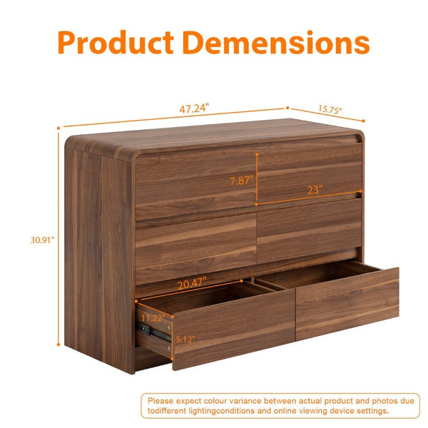 English Elm 6 Drawer Modern Dresser Walnut Finish Smooth Countertop Concealed Handles Bedroom Storage W3204P470639