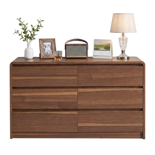 English Elm 6 Drawer Modern Dresser Walnut Finish Smooth Countertop Concealed Handles Bedroom Storage W3204P470639