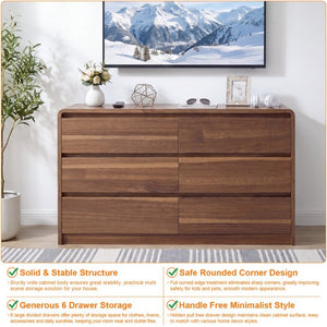 English Elm 6 Drawer Modern Dresser Walnut Finish Smooth Countertop Concealed Handles Bedroom Storage W3204P470639