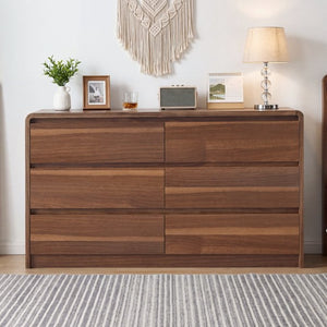 English Elm 6 Drawer Modern Dresser Walnut Finish Smooth Countertop Concealed Handles Bedroom Storage W3204P470639