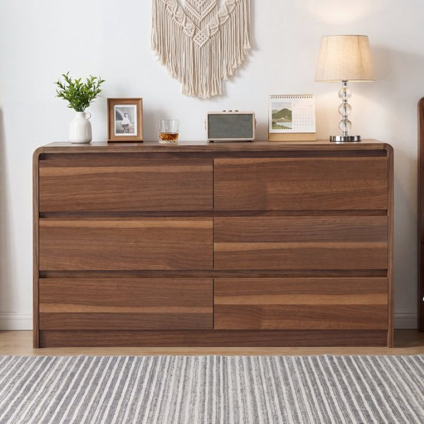 English Elm 6 Drawer Modern Dresser Walnut Finish Smooth Countertop Concealed Handles Bedroom Storage W3204P470639