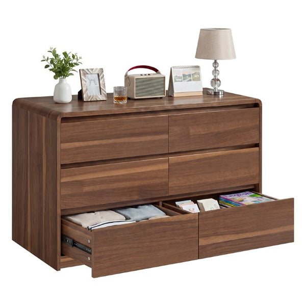 English Elm 6 Drawer Modern Dresser Walnut Finish Smooth Countertop Concealed Handles Bedroom Storage W3204P470639