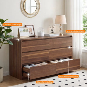 English Elm 6 Drawer Modern Dresser Walnut Finish Smooth Countertop Concealed Handles Bedroom Storage W3204P470639