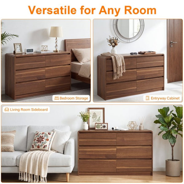 English Elm 6 Drawer Modern Dresser Walnut Finish Smooth Countertop Concealed Handles Bedroom Storage W3204P470639