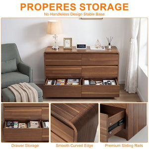 English Elm 6 Drawer Modern Dresser Walnut Finish Smooth Countertop Concealed Handles Bedroom Storage W3204P470639