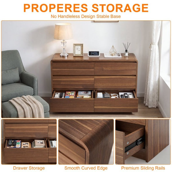 English Elm 6 Drawer Modern Dresser Walnut Finish Smooth Countertop Concealed Handles Bedroom Storage W3204P470639
