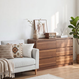 English Elm 6 Drawer Modern Dresser Walnut Finish Smooth Countertop Concealed Handles Bedroom Storage W3204P470639