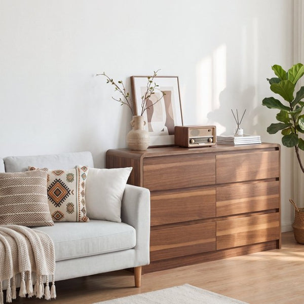English Elm 6 Drawer Modern Dresser Walnut Finish Smooth Countertop Concealed Handles Bedroom Storage W3204P470639