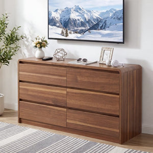 English Elm 6 Drawer Modern Dresser Walnut Finish Smooth Countertop Concealed Handles Bedroom Storage W3204P470639