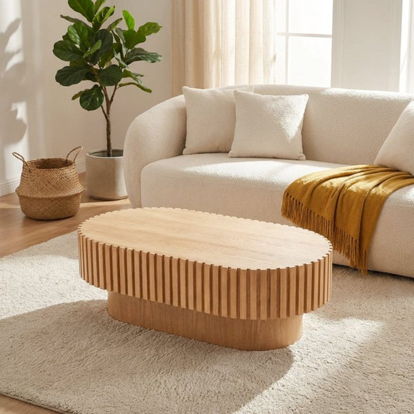 English Elm Oval Fluted Wood Coffee Table Mid Century Pedestal Base for Living Room or Apartment W3204P476731