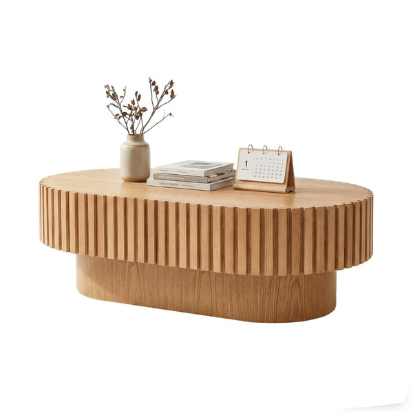 English Elm Oval Fluted Wood Coffee Table Mid Century Pedestal Base for Living Room or Apartment W3204P476731
