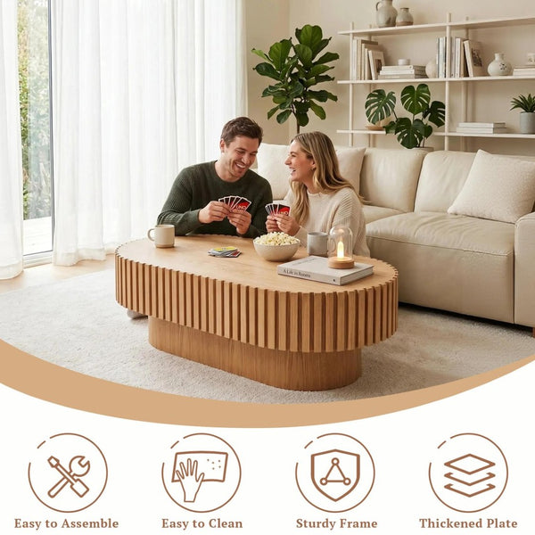 English Elm Oval Fluted Wood Coffee Table Mid Century Pedestal Base for Living Room or Apartment W3204P476731