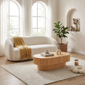 English Elm Oval Fluted Wood Coffee Table Mid Century Pedestal Base for Living Room or Apartment W3204P476731