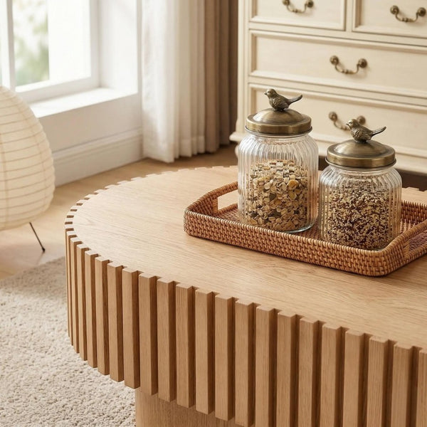 English Elm Oval Fluted Wood Coffee Table Mid Century Pedestal Base for Living Room or Apartment W3204P476731
