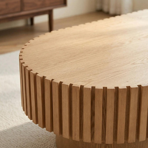 English Elm Oval Fluted Wood Coffee Table Mid Century Pedestal Base for Living Room or Apartment W3204P476731