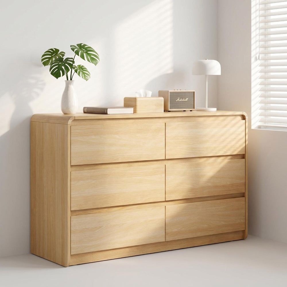 English Elm 6 Drawer Wood Dresser with Concealed Handles Rounded Corners and Spacious Flat Top W3204P484603