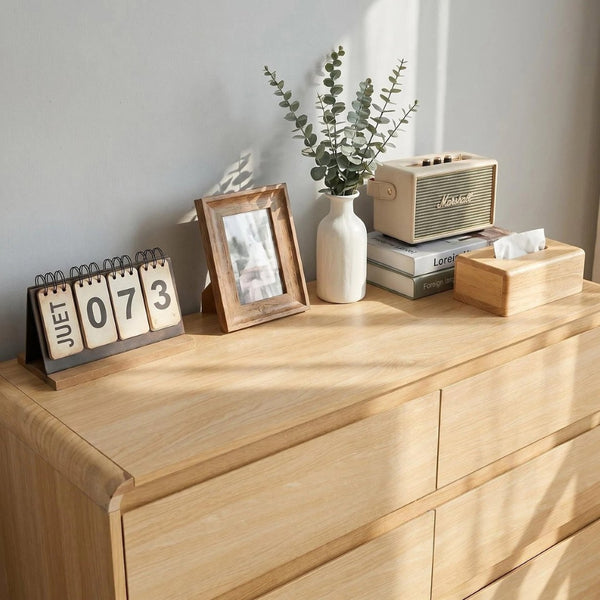 English Elm 6 Drawer Wood Dresser with Concealed Handles Rounded Corners and Spacious Flat Top W3204P484603