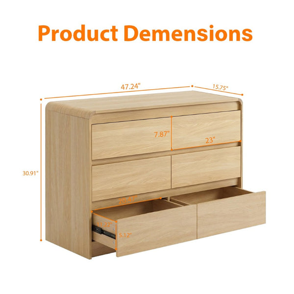 English Elm 6 Drawer Wood Dresser with Concealed Handles Rounded Corners and Spacious Flat Top W3204P484603