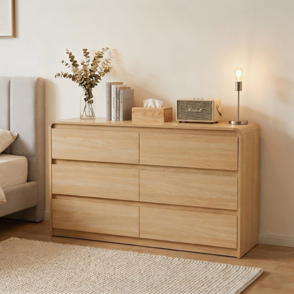 English Elm 6 Drawer Wood Dresser with Concealed Handles Rounded Corners and Spacious Flat Top W3204P484603