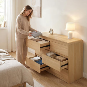 English Elm 6 Drawer Wood Dresser with Concealed Handles Rounded Corners and Spacious Flat Top W3204P484603