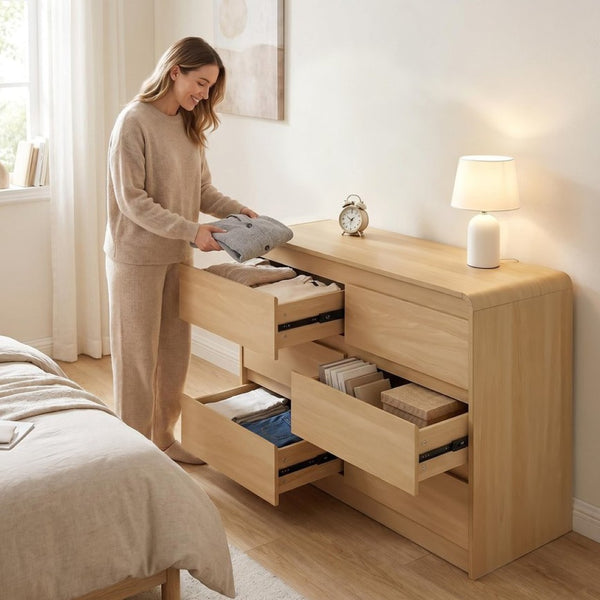 English Elm 6 Drawer Wood Dresser with Concealed Handles Rounded Corners and Spacious Flat Top W3204P484603