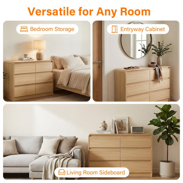 English Elm 6 Drawer Wood Dresser with Concealed Handles Rounded Corners and Spacious Flat Top W3204P484603