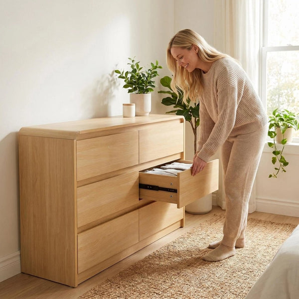 English Elm 6 Drawer Wood Dresser with Concealed Handles Rounded Corners and Spacious Flat Top W3204P484603
