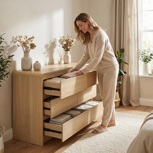 English Elm 6 Drawer Wood Dresser with Concealed Handles Rounded Corners and Spacious Flat Top W3204P484603