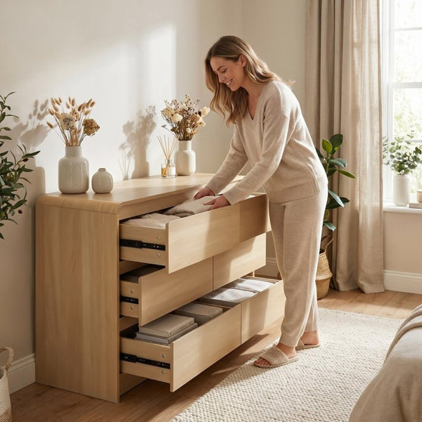 English Elm 6 Drawer Wood Dresser with Concealed Handles Rounded Corners and Spacious Flat Top W3204P484603