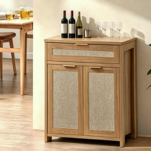 English Elm Rattan Boho Sideboard with Woven Door Panels Gold Hardware and Adjustable Shelving W3204P489399