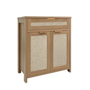 English Elm Rattan Boho Sideboard with Woven Door Panels Gold Hardware and Adjustable Shelving W3204P489399