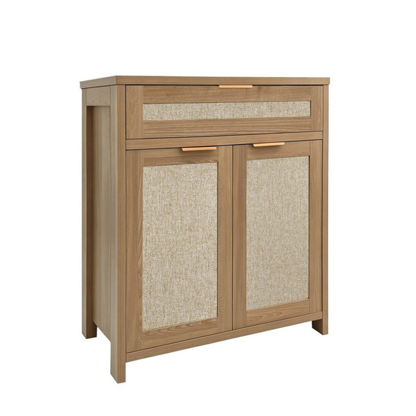 English Elm Rattan Boho Sideboard with Woven Door Panels Gold Hardware and Adjustable Shelving W3204P489399