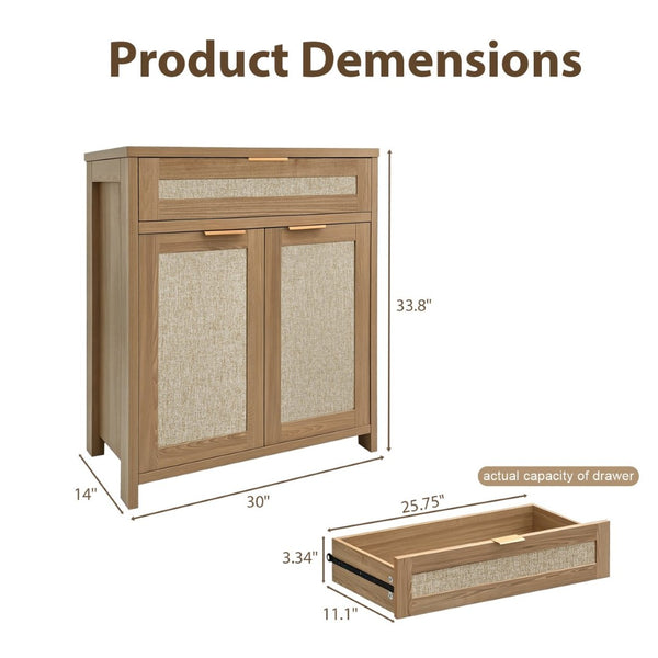 English Elm Rattan Boho Sideboard with Woven Door Panels Gold Hardware and Adjustable Shelving W3204P489399