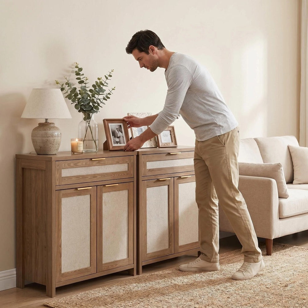 English Elm Rattan Boho Sideboard with Woven Door Panels Gold Hardware and Adjustable Shelving W3204P489399
