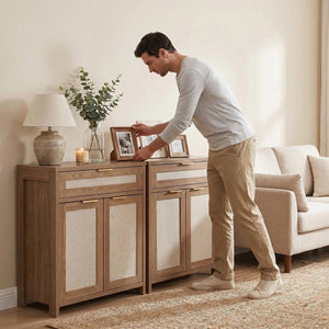 English Elm Rattan Boho Sideboard with Woven Door Panels Gold Hardware and Adjustable Shelving W3204P489399