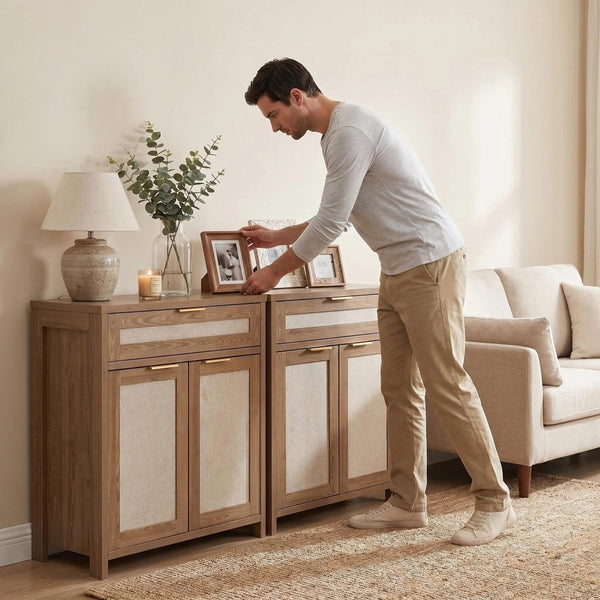 English Elm Rattan Boho Sideboard with Woven Door Panels Gold Hardware and Adjustable Shelving W3204P489399