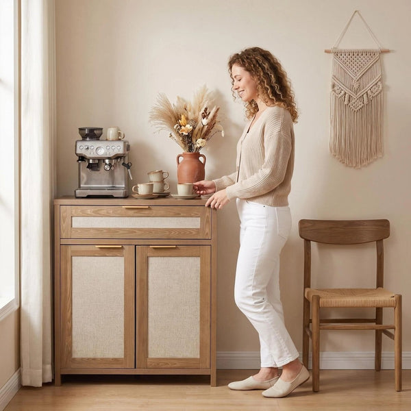 English Elm Rattan Boho Sideboard with Woven Door Panels Gold Hardware and Adjustable Shelving W3204P489399