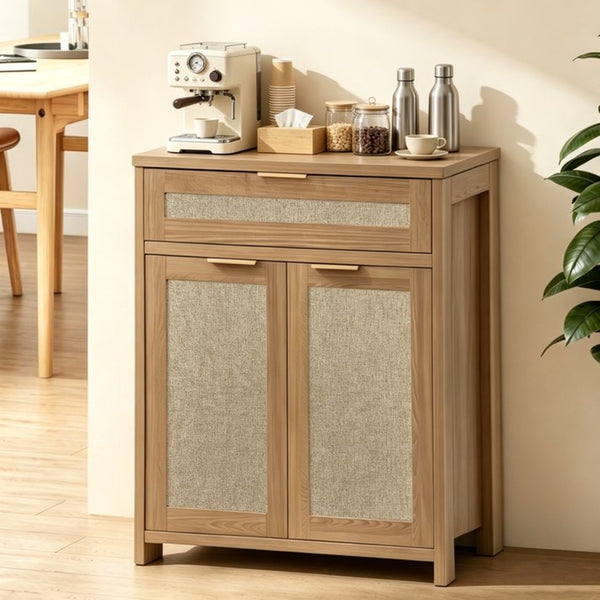 English Elm Rattan Boho Sideboard with Woven Door Panels Gold Hardware and Adjustable Shelving W3204P489399