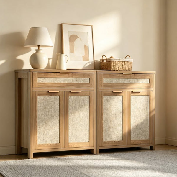 English Elm Rattan Boho Sideboard with Woven Door Panels Gold Hardware and Adjustable Shelving W3204P489399