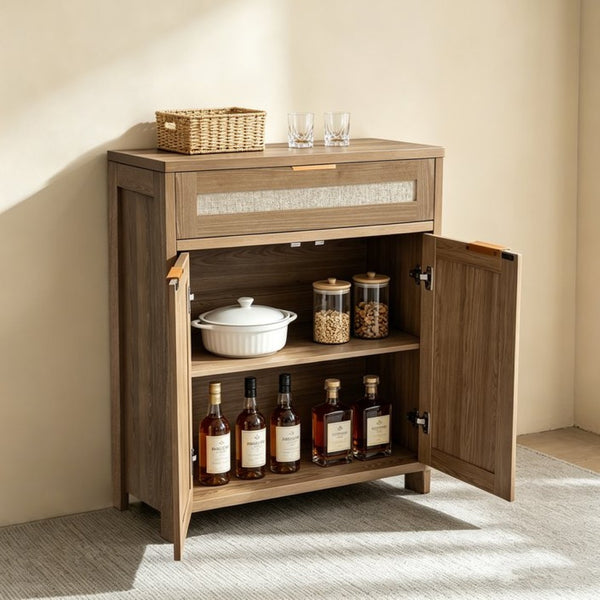 English Elm Rattan Boho Sideboard with Woven Door Panels Gold Hardware and Adjustable Shelving W3204P489399