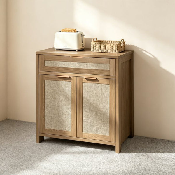 English Elm Rattan Boho Sideboard with Woven Door Panels Gold Hardware and Adjustable Shelving W3204P489399
